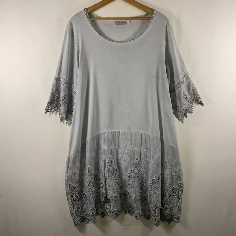 Womens Boho Romantic Lace Trim Tunic Top Dress Sz L Powder Blue Gray Feminine